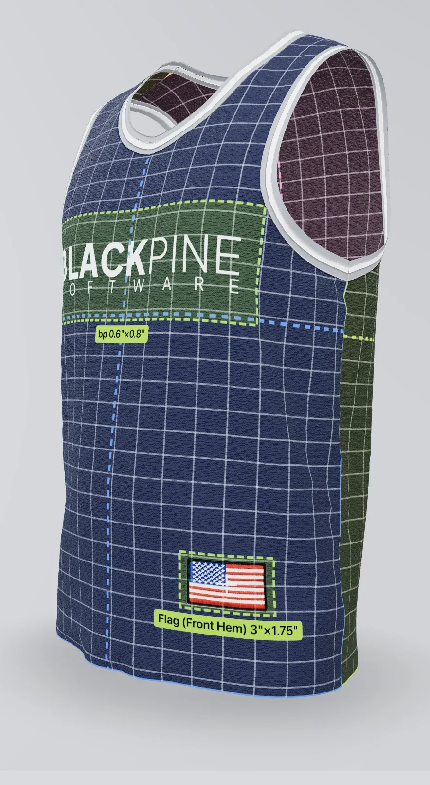Team jersey in measure mode, showing the configurator's placement zones and validated decoration dimensions: front logo, front number 4 by 4 inches, and a 3 by 1.75 inch flag at the front hem, over a wireframe fit grid.