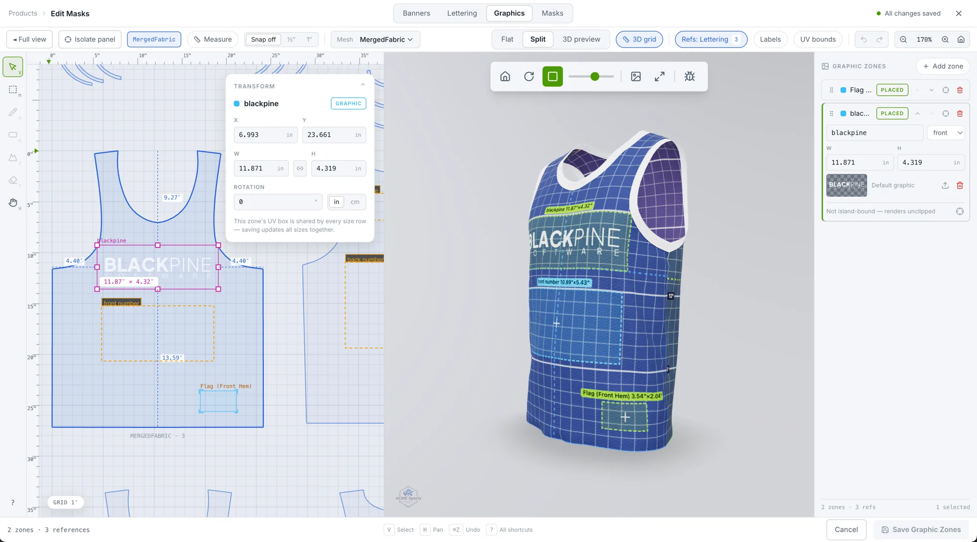 The Stratos mask editor showing a jersey's flat cut pattern with measured decoration zones on the left and a live 3D preview of the finished jersey on the right