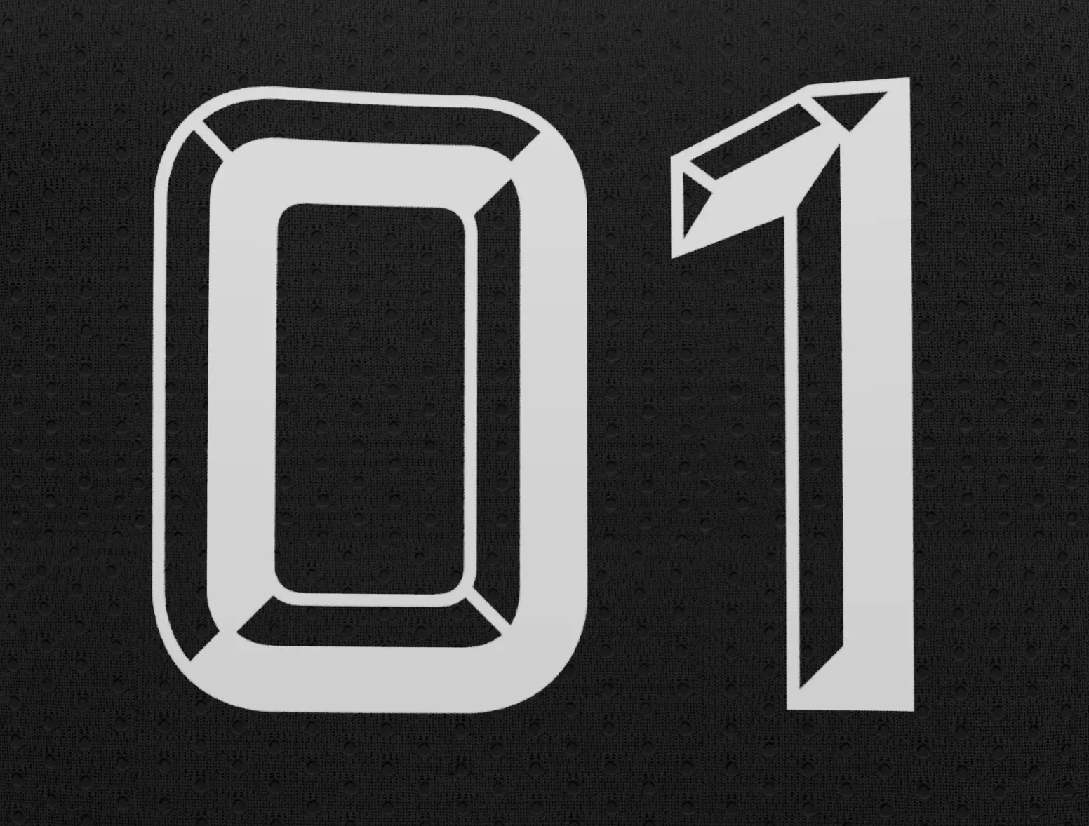 Macro render of the number zero one on a black performance jersey, showing the beveled lettering, mesh weave, and perforations in full detail