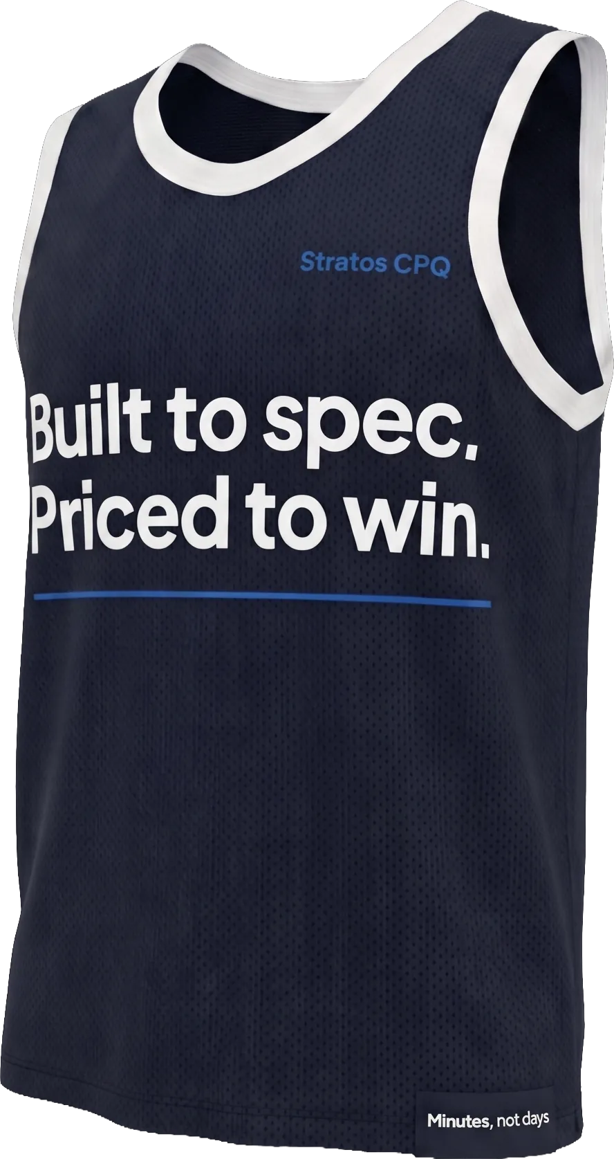 A navy team jersey configured in Stratos CPQ, printed with the words Built to spec, Priced to win